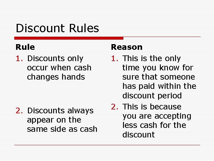Discount Rules Rule 1. Discounts only occur when cash changes hands 2. Discounts always