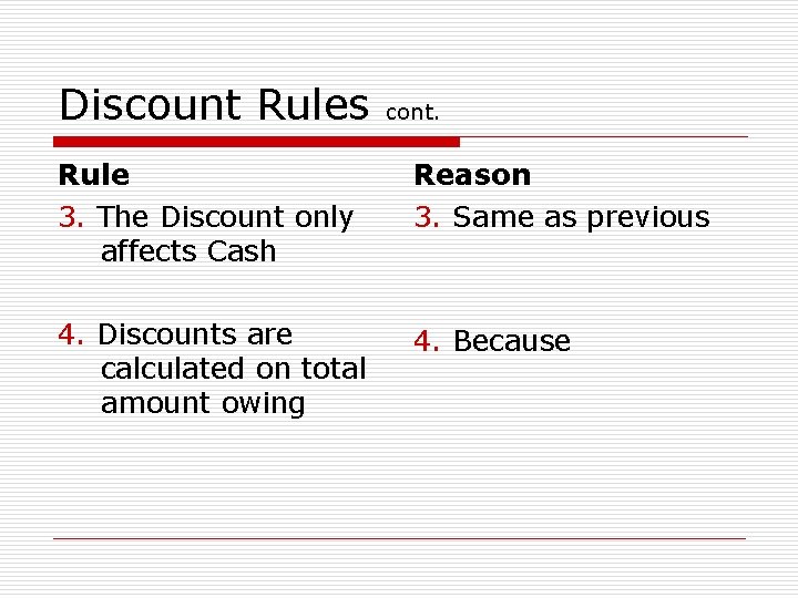 Discount Rules cont. Rule 3. The Discount only affects Cash Reason 3. Same as