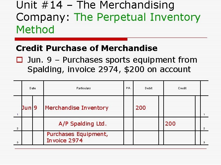 Unit #14 – The Merchandising Company: The Perpetual Inventory Method Credit Purchase of Merchandise