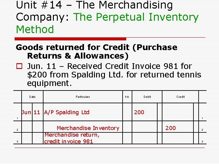 Unit #14 – The Merchandising Company: The Perpetual Inventory Method Goods returned for Credit