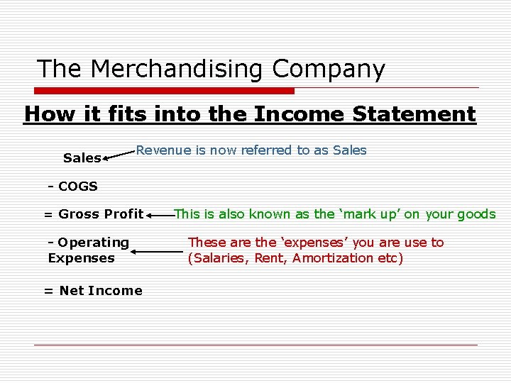The Merchandising Company How it fits into the Income Statement Sales Revenue is now