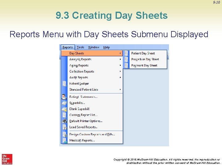 9 -10 9. 3 Creating Day Sheets Reports Menu with Day Sheets Submenu Displayed