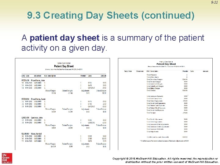 9 -11 9. 3 Creating Day Sheets (continued) A patient day sheet is a