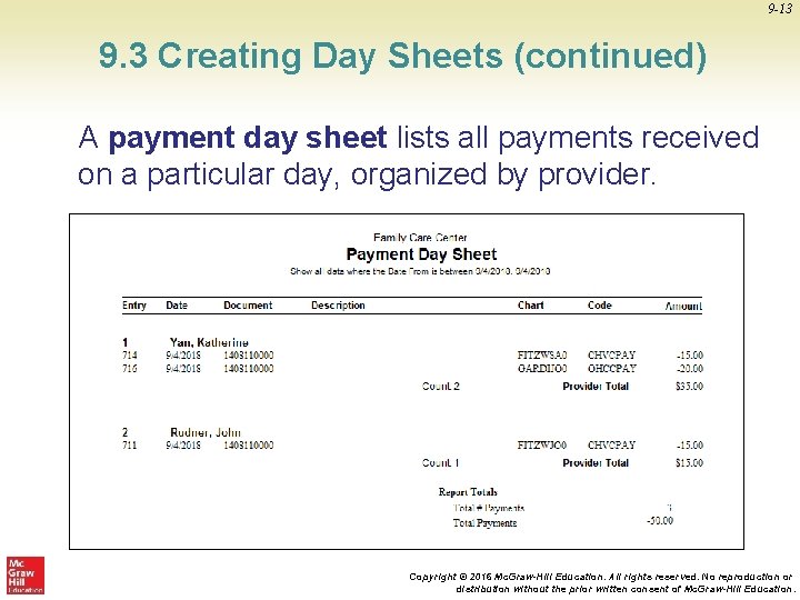 9 -13 9. 3 Creating Day Sheets (continued) A payment day sheet lists all