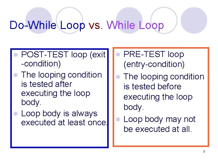 Do-While Loop vs. While Loop POST-TEST loop (exit l PRE-TEST loop -condition) (entry-condition) l