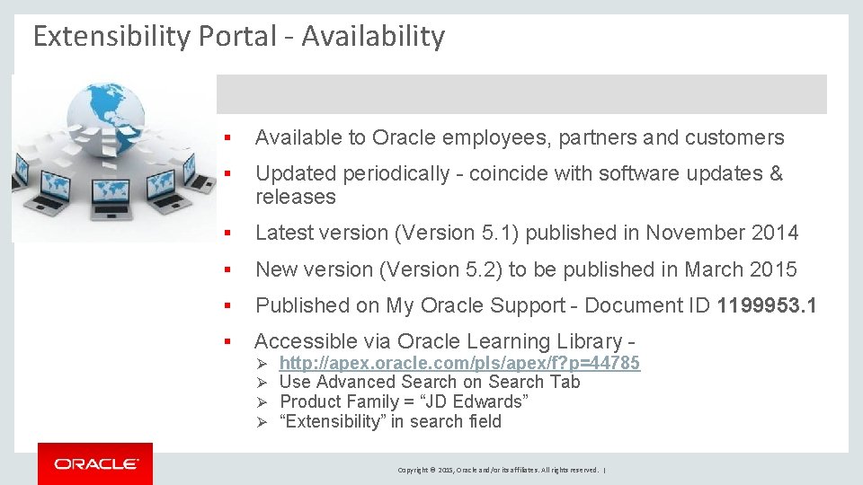 Extensibility Portal - Availability § Available to Oracle employees, partners and customers § Updated