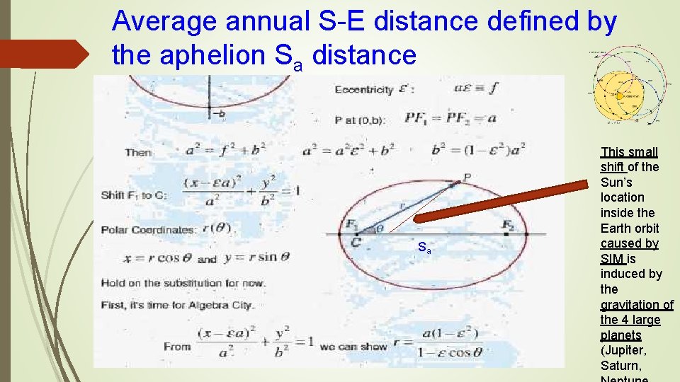 Average annual S-E distance defined by the aphelion Sa distance Sa This small shift Average annual S-E distance defined by the aphelion Sa distance Sa This small shift