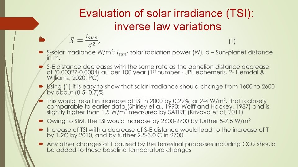 Evaluation of solar irradiance (TSI): inverse law variations Evaluation of solar irradiance (TSI): inverse law variations