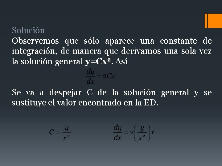 Solución Observemos que sólo aparece una constante de integración, de manera que derivamos una