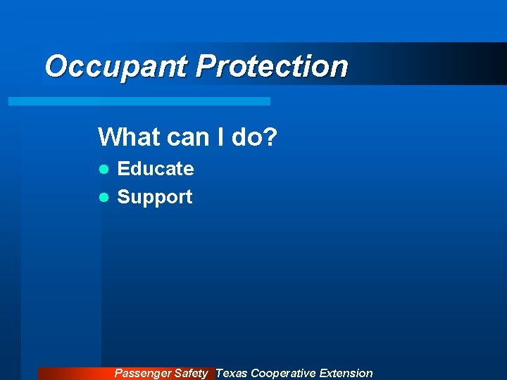 Occupant Protection What can I do? Educate l Support l Passenger Safety Texas Cooperative