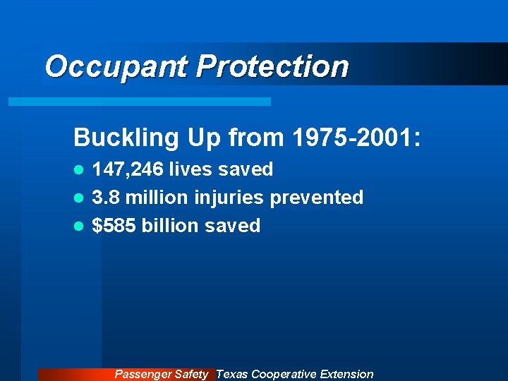 Occupant Protection Buckling Up from 1975 -2001: 147, 246 lives saved l 3. 8