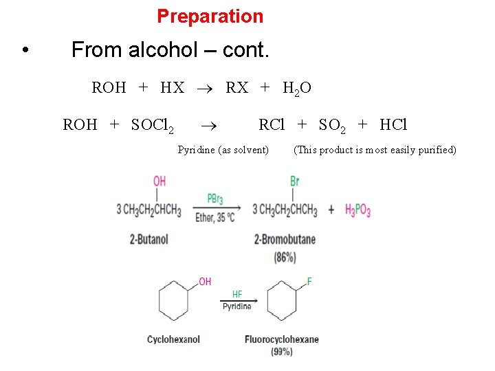 Preparation • From alcohol – cont. ROH + HX RX + H 2 O