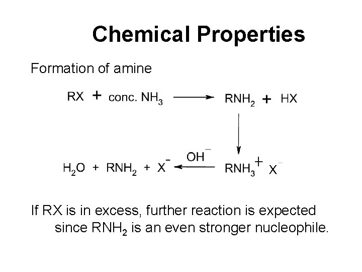Chemical Properties Formation of amine If RX is in excess, further reaction is expected