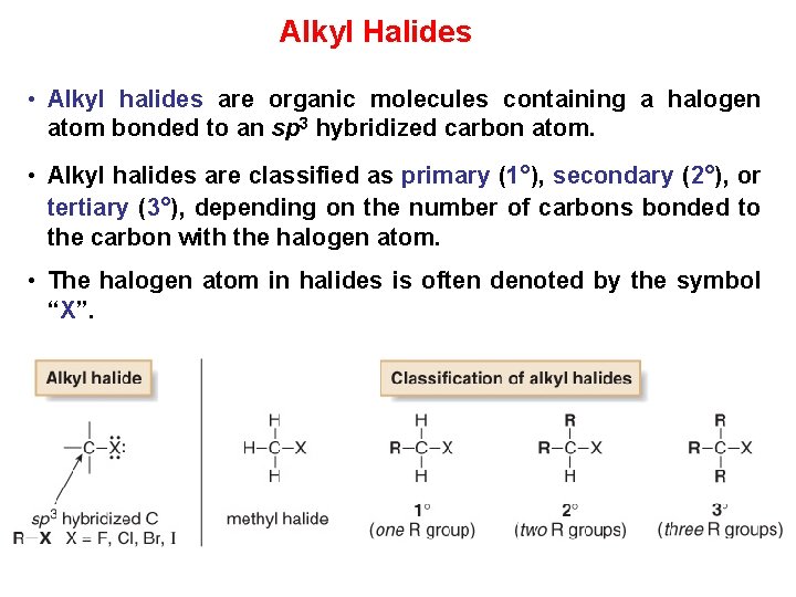 Alkyl Halides • Alkyl halides are organic molecules containing a halogen atom bonded to