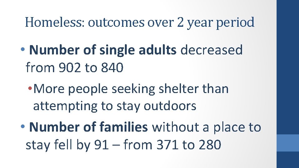 Homeless: outcomes over 2 year period • Number of single adults decreased from 902