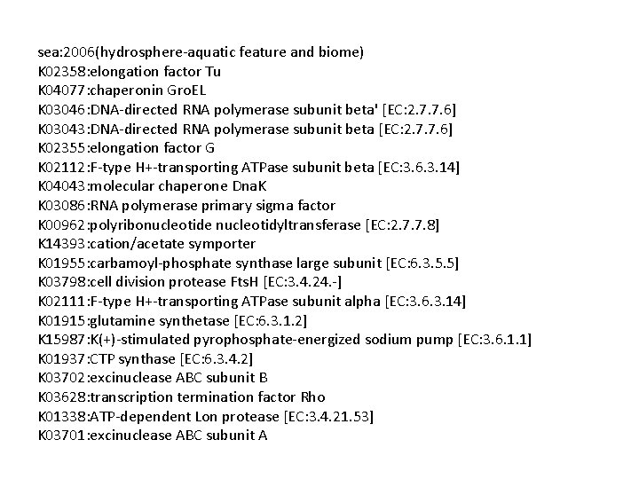 sea: 2006(hydrosphere-aquatic feature and biome) K 02358: elongation factor Tu K 04077: chaperonin Gro.