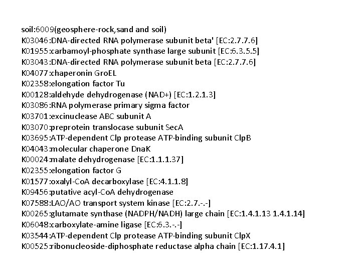 soil: 6009(geosphere-rock, sand soil) K 03046: DNA-directed RNA polymerase subunit beta' [EC: 2. 7.