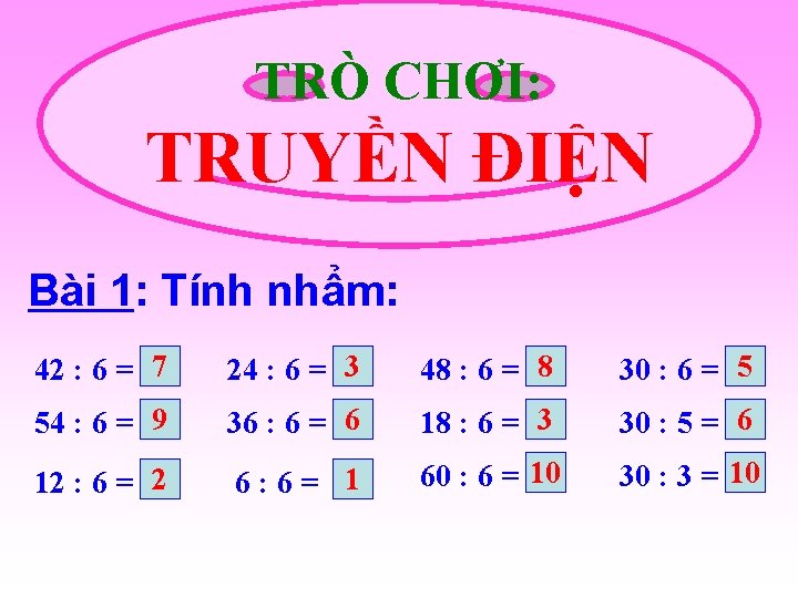 TRÒ CHƠI: TRUYỀN ĐIỆN Bài 1: Tính nhẩm: 42 : 6 = 7 24