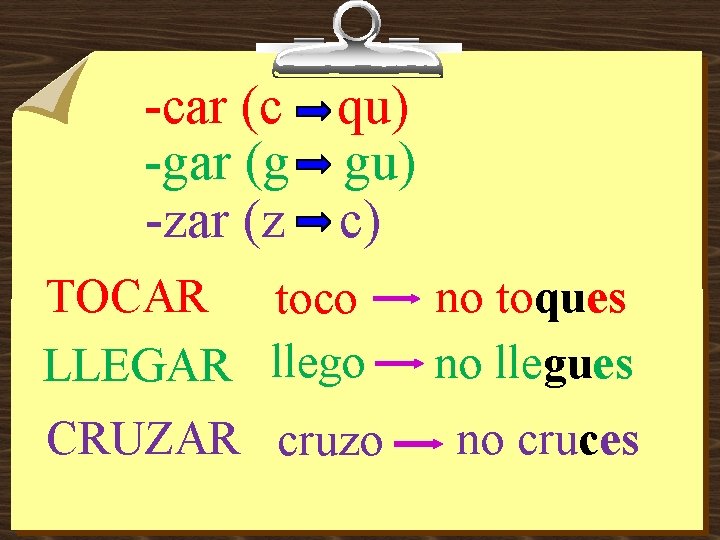 -car (c qu) -gar (g gu) -zar (z c) TOCAR toco LLEGAR llego no