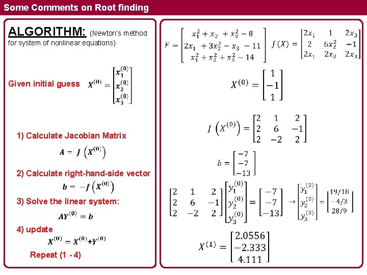 Some Comments on Root finding ALGORITHM: (Newton’s method for system of nonlinear equations) Given