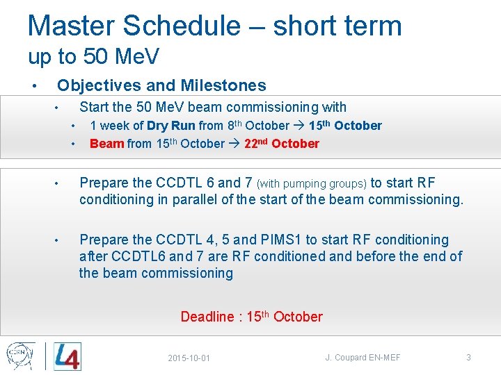 Master Schedule – short term up to 50 Me. V • Objectives and Milestones