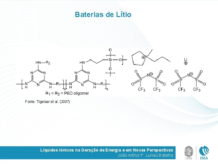 Baterias de Lítio Fonte: Tigelaar et al. (2007) Líquidos Iônicos na Geração de Energia