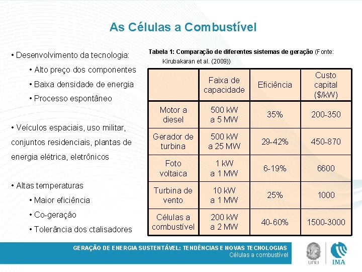 As Células a Combustível • Desenvolvimento da tecnologia: Tabela 1: Comparação de diferentes sistemas