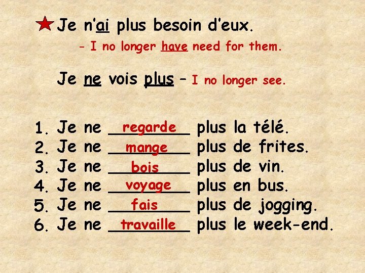 Je n’ai plus besoin d’eux. - I no longer have need for them. Je