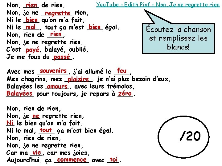 You. Tube - Edith Piaf - Non, Je ne regrette rien de rien, Non,