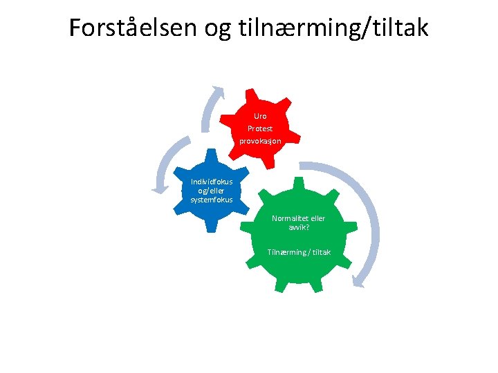 Forståelsen og tilnærming/tiltak Uro Protest provokasjon Individfokus og/eller systemfokus Normalitet eller avvik? Tilnærming /