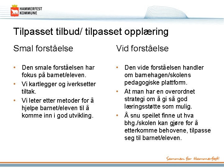 Tilpasset tilbud/ tilpasset opplæring Smal forståelse Vid forståelse • Den smale forståelsen har fokus