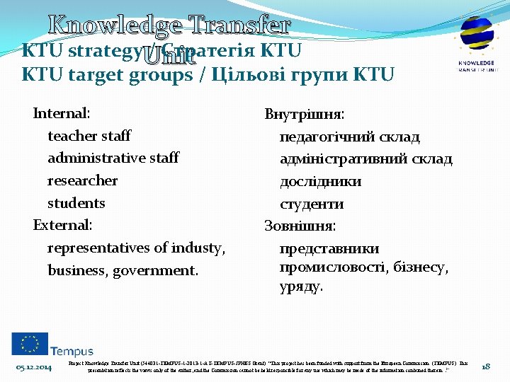 Knowledge Transfer KTU strategy. Unit / Стратегія KTU target groups / Цільові групи KTU