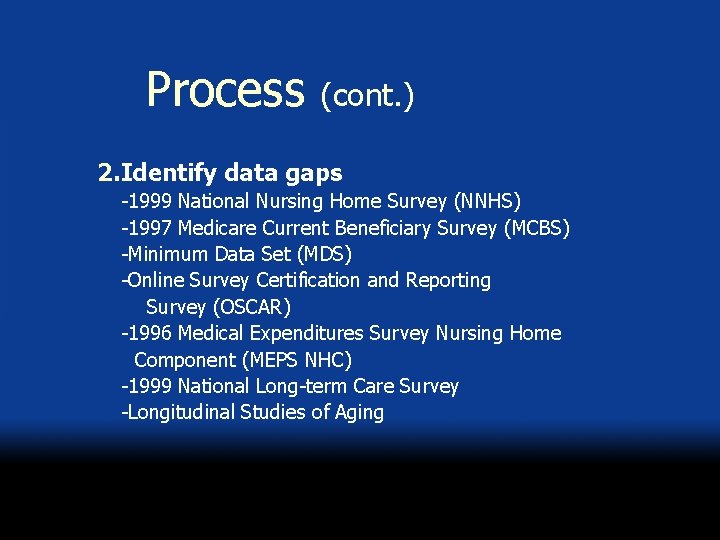 Process (cont. ) 2. Identify data gaps -1999 National Nursing Home Survey (NNHS) -1997