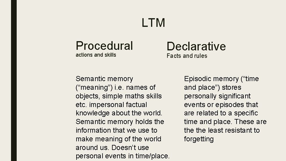 LTM Procedural actions and skills Declarative Facts and rules Semantic memory (“meaning”) i. e.