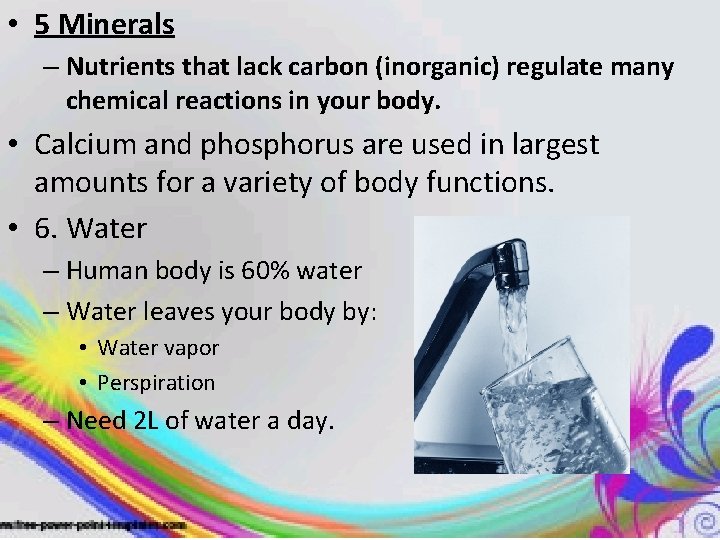  • 5 Minerals – Nutrients that lack carbon (inorganic) regulate many chemical reactions