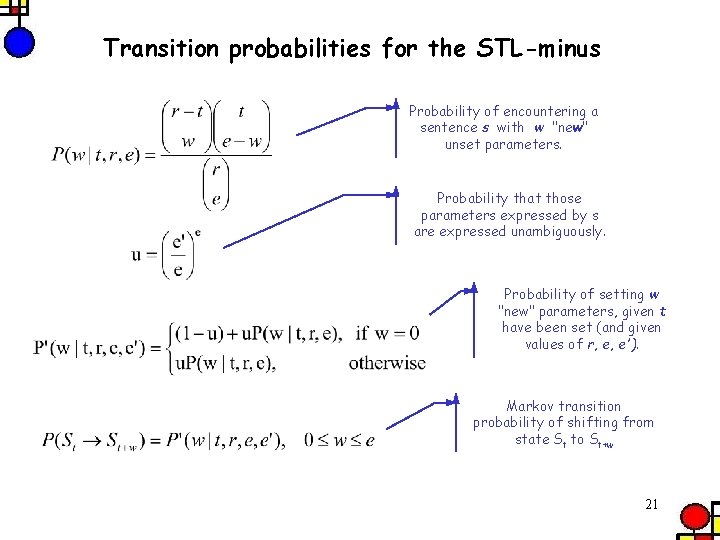 Transition probabilities for the STL-minus Probability of encountering a sentence s with w "new"
