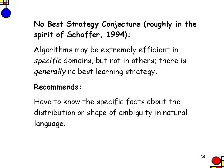 No Best Strategy Conjecture (roughly in the spirit of Schaffer, 1994): Algorithms may be