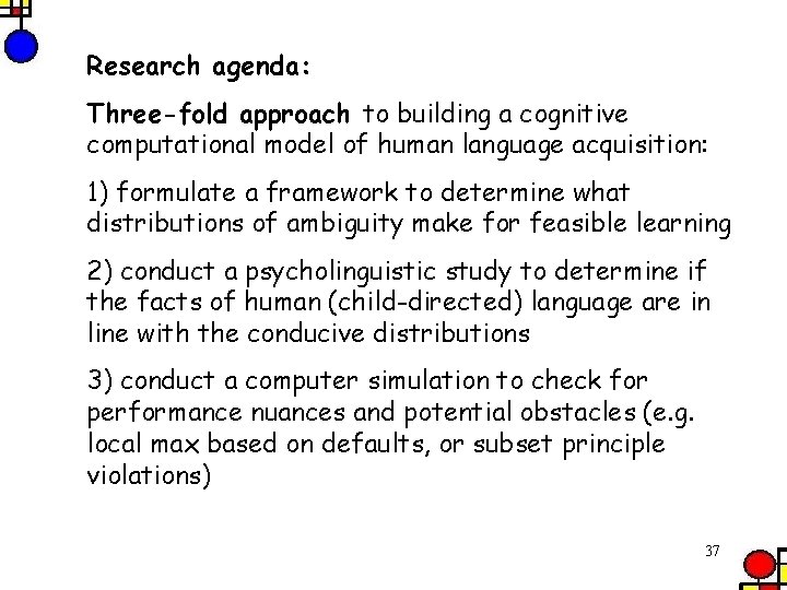 Research agenda: Three-fold approach to building a cognitive computational model of human language acquisition: