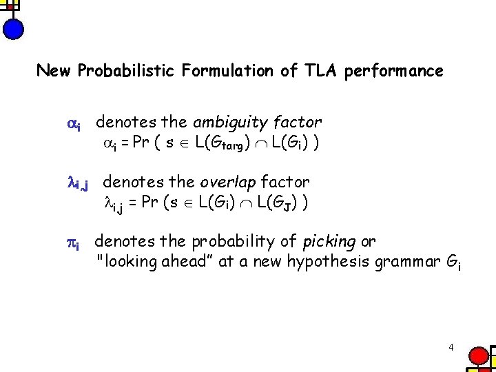New Probabilistic Formulation of TLA performance i denotes the ambiguity factor i = Pr
