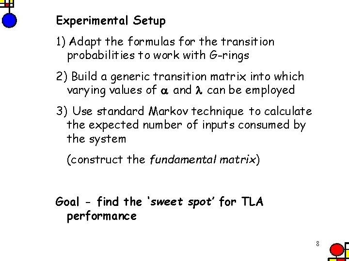 Experimental Setup 1) Adapt the formulas for the transition probabilities to work with G-rings