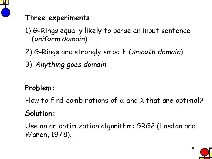 Three experiments 1) G-Rings equally likely to parse an input sentence (uniform domain) 2)