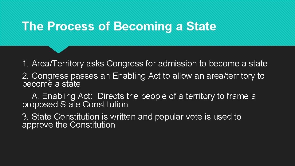 The Process of Becoming a State 1. Area/Territory asks Congress for admission to become