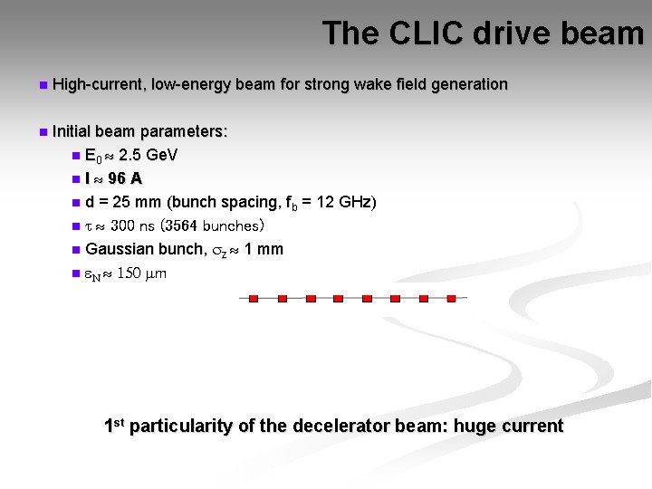 The CLIC drive beam n High-current, low-energy beam for strong wake field generation n