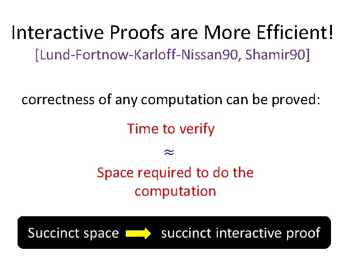 Interactive Proofs are More Efficient! [Lund-Fortnow-Karloff-Nissan 90, Shamir 90] correctness of any computation can
