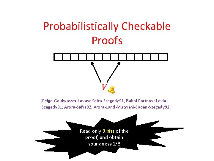 Probabilistically Checkable Proofs [Feige-Goldwasser-Lovasz-Safra-Szegedy 91, Babai-Fortnow-Levin. Szegedy 91, Arora-Safra 92, Arora-Lund-Mutwani-Sudan-Szegedy 92] Read only