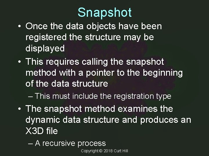 Snapshot • Once the data objects have been registered the structure may be displayed