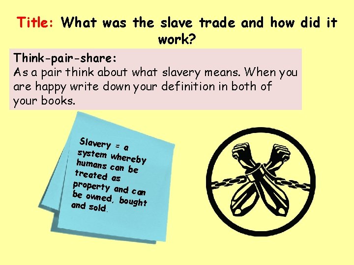 Title: What was the slave trade and how did it work? Think-pair-share: As a