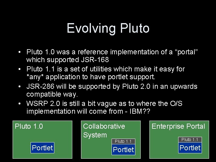 Evolving Pluto • Pluto 1. 0 was a reference implementation of a “portal” which