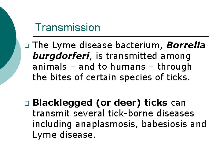 Transmission q q The Lyme disease bacterium, Borrelia burgdorferi, is transmitted among animals –