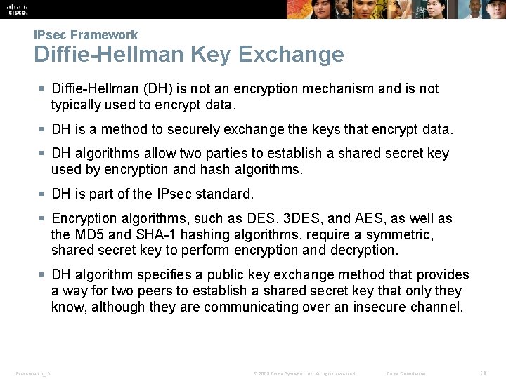 IPsec Framework Diffie-Hellman Key Exchange § Diffie-Hellman (DH) is not an encryption mechanism and